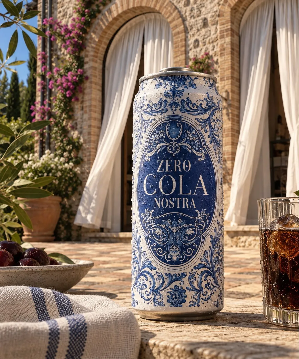 Cola Nostra can on a stone terrace in front of an arch with drifting linen curtains