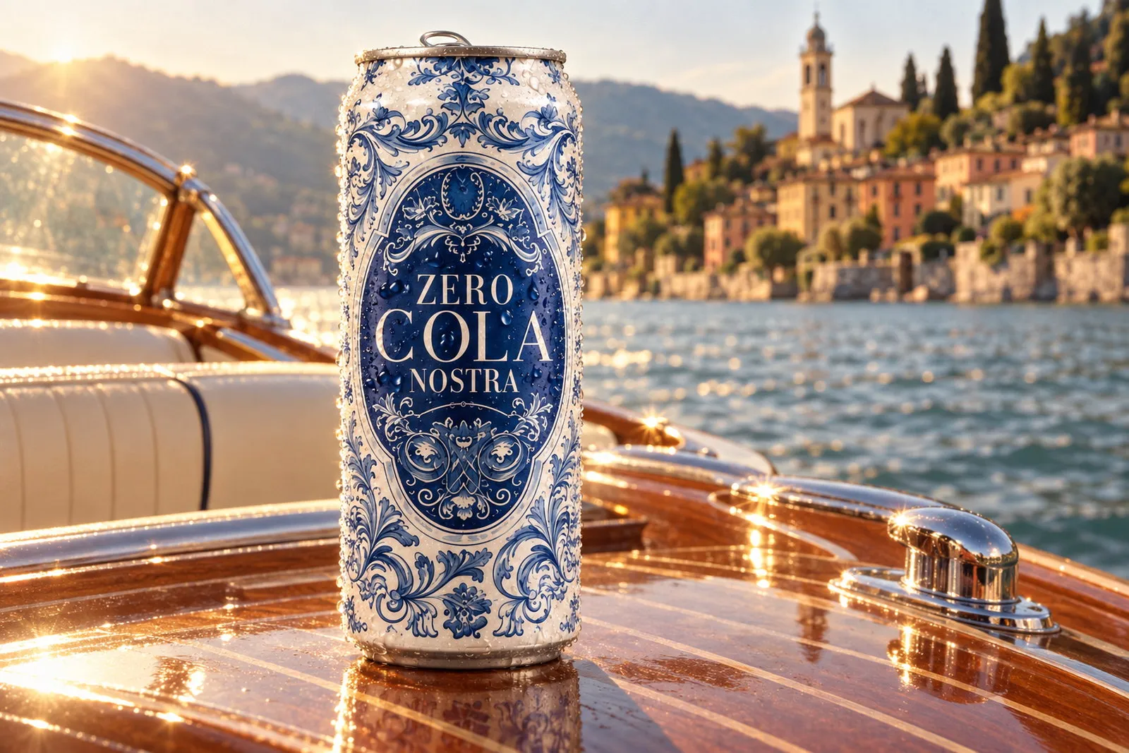 Cola Nostra can on the mahogany deck of a classic wooden speedboat, a lakeside village behind it