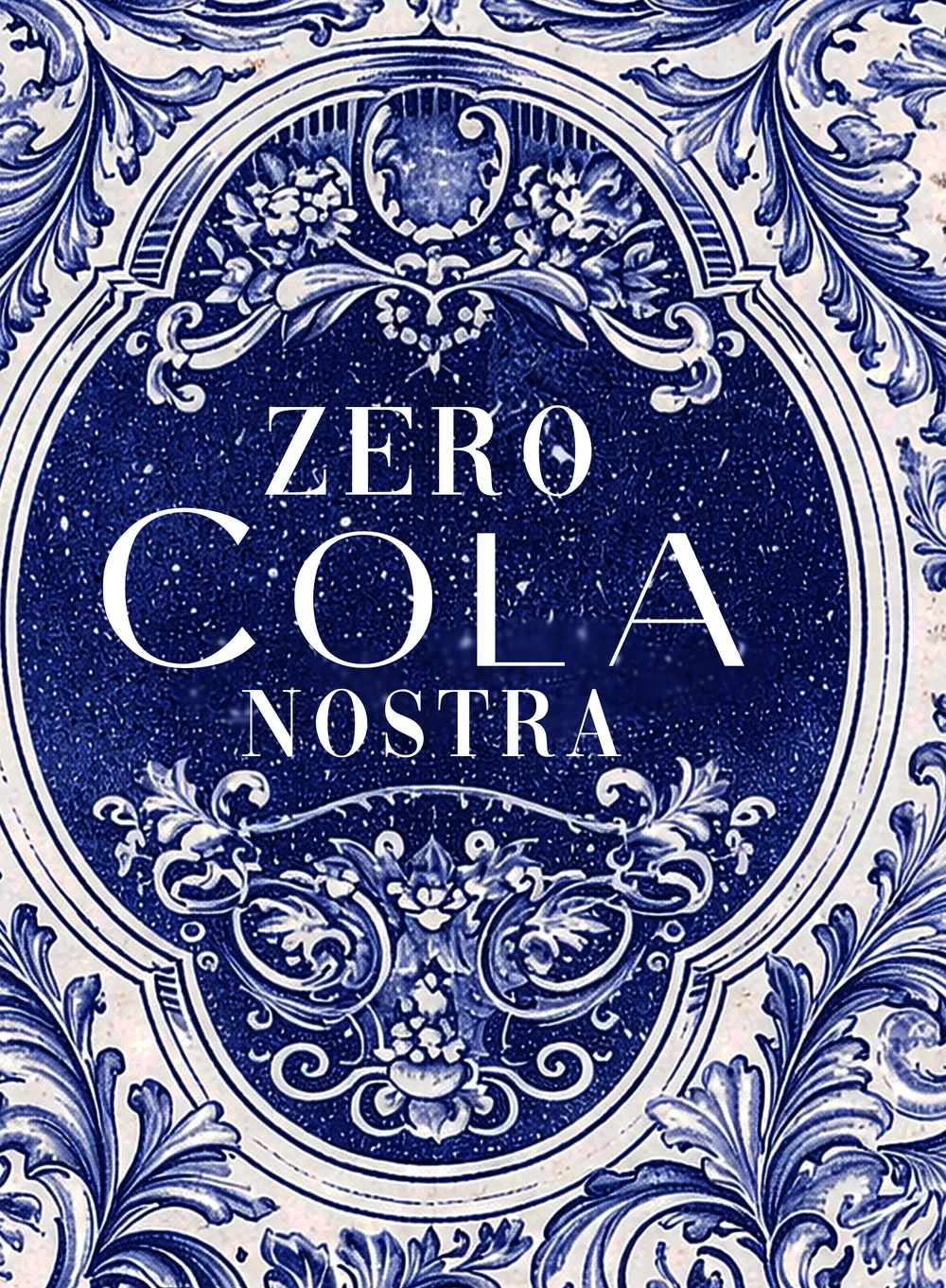 The cartouche from the label: Zero Cola Nostra in white on deep blue