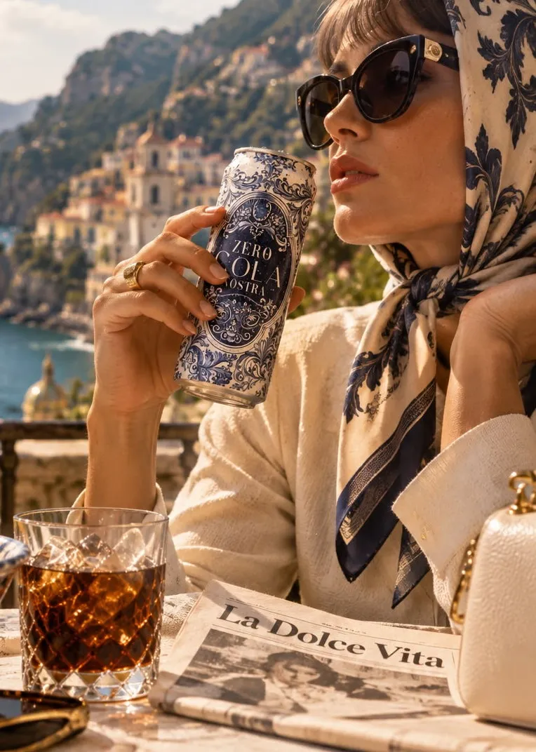 Woman in a silk scarf and sunglasses at a table above the coast, holding a Cola Nostra
