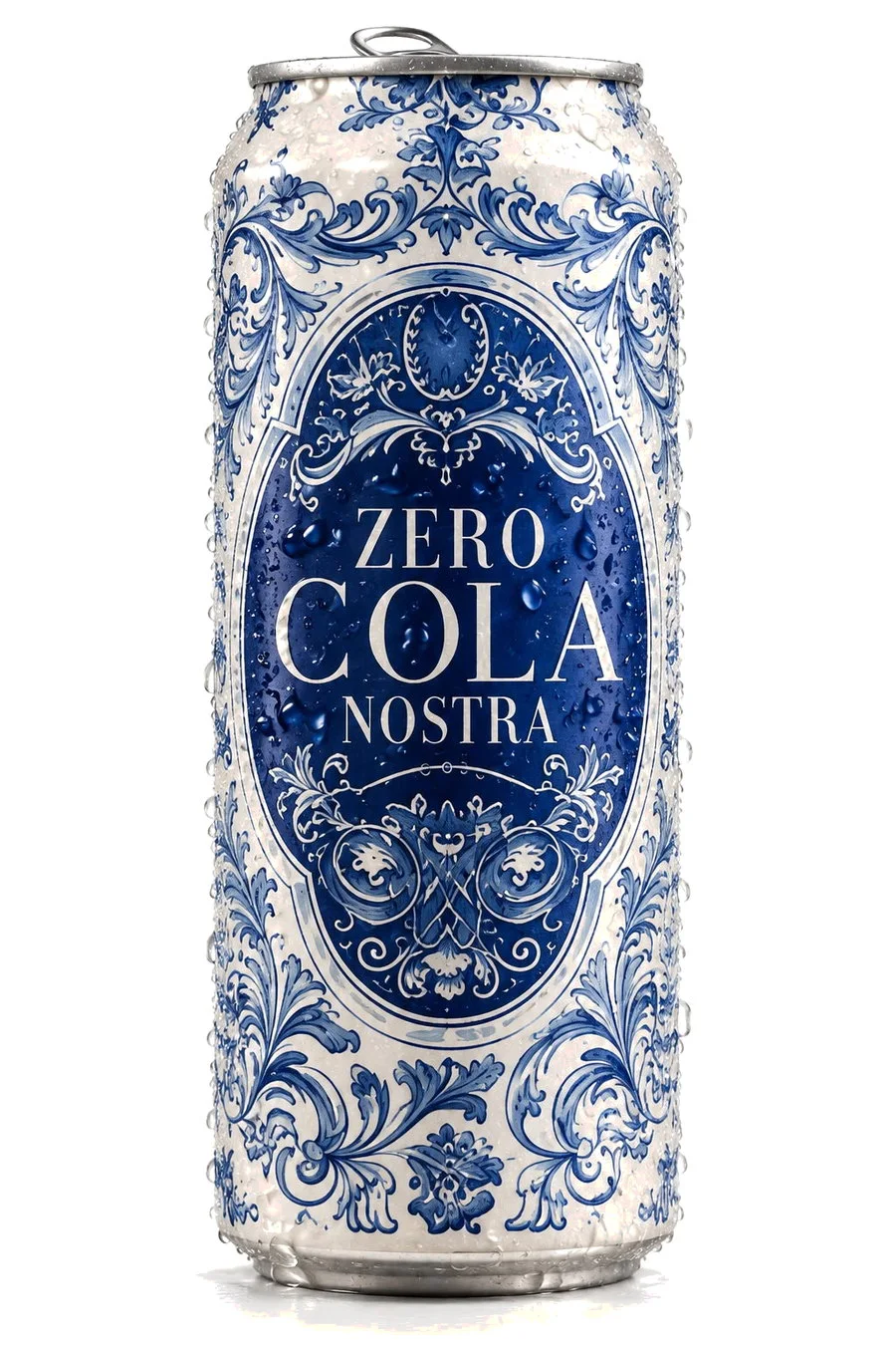 Cut-out Cola Nostra Zero can with blue majolica decoration