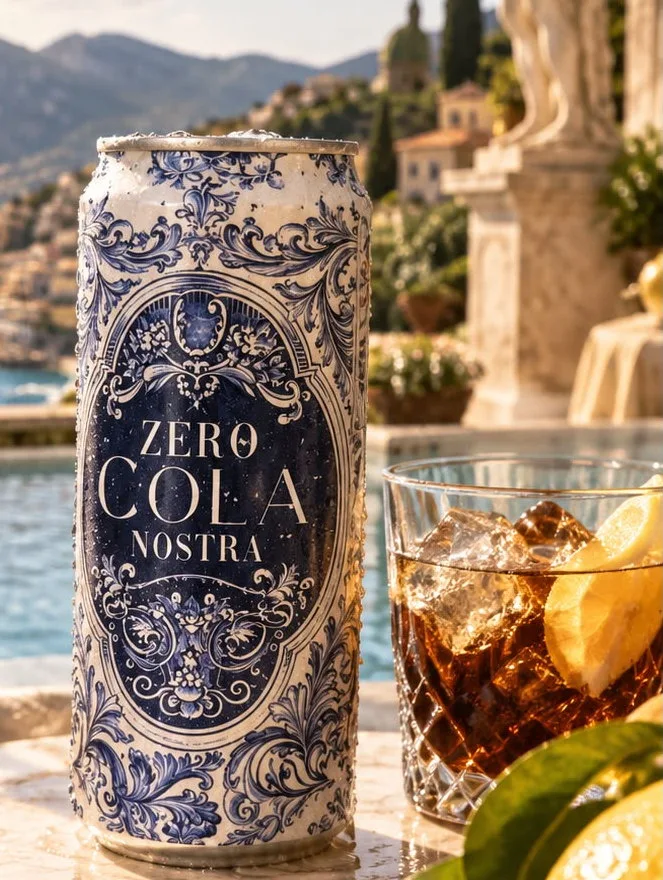 A chilled Cola Nostra can beside a glass of ice on a marble ledge by the pool, the coast behind it