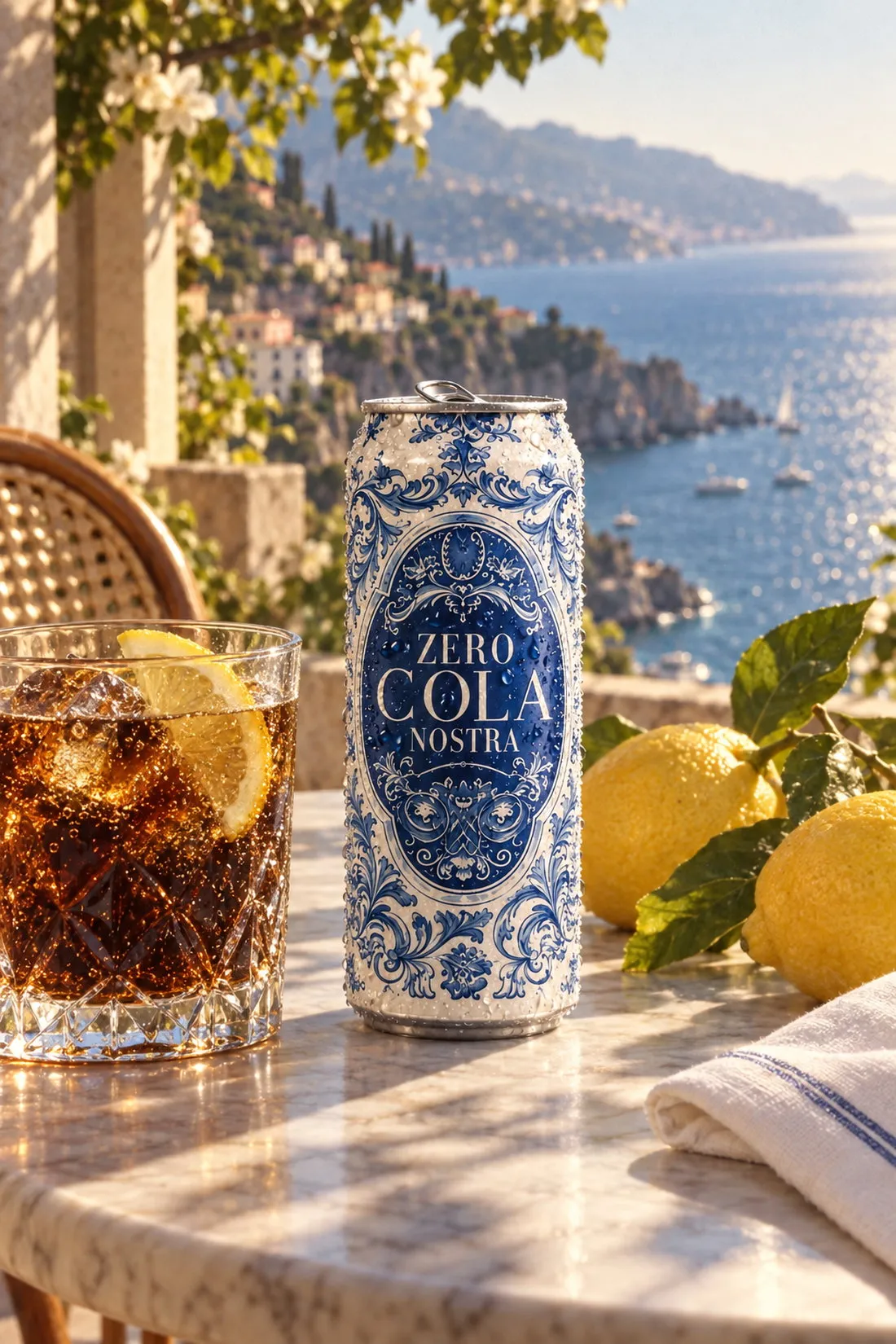 Cola Nostra can on a marble table on a terrace high above the coast, a glass of ice and lemons beside it
